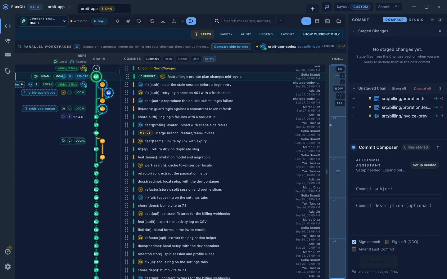 FluxGit commit graph with Claude Code on the uncommitted changes row editing 3 files, Codex on its worktree row editing 2 files, agent monograms on AI-authored commits and markers on codex, claude and cursor branches