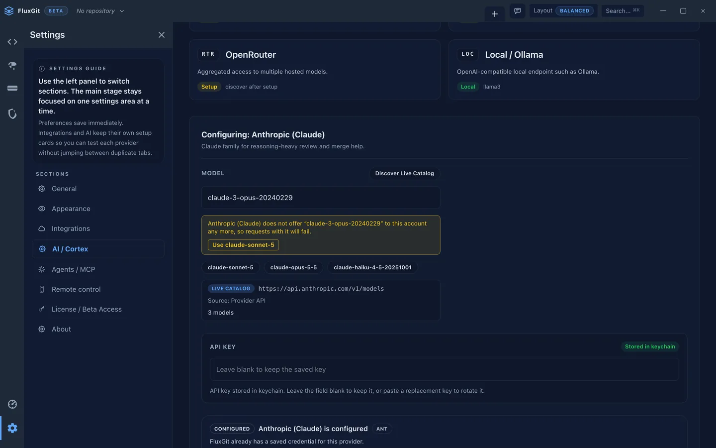 FluxGit AI Cortex settings for Anthropic: the saved model is no longer offered to this account, a warning explains that requests with it will fail and offers a current model, and the live catalog read from the provider API lists three models
