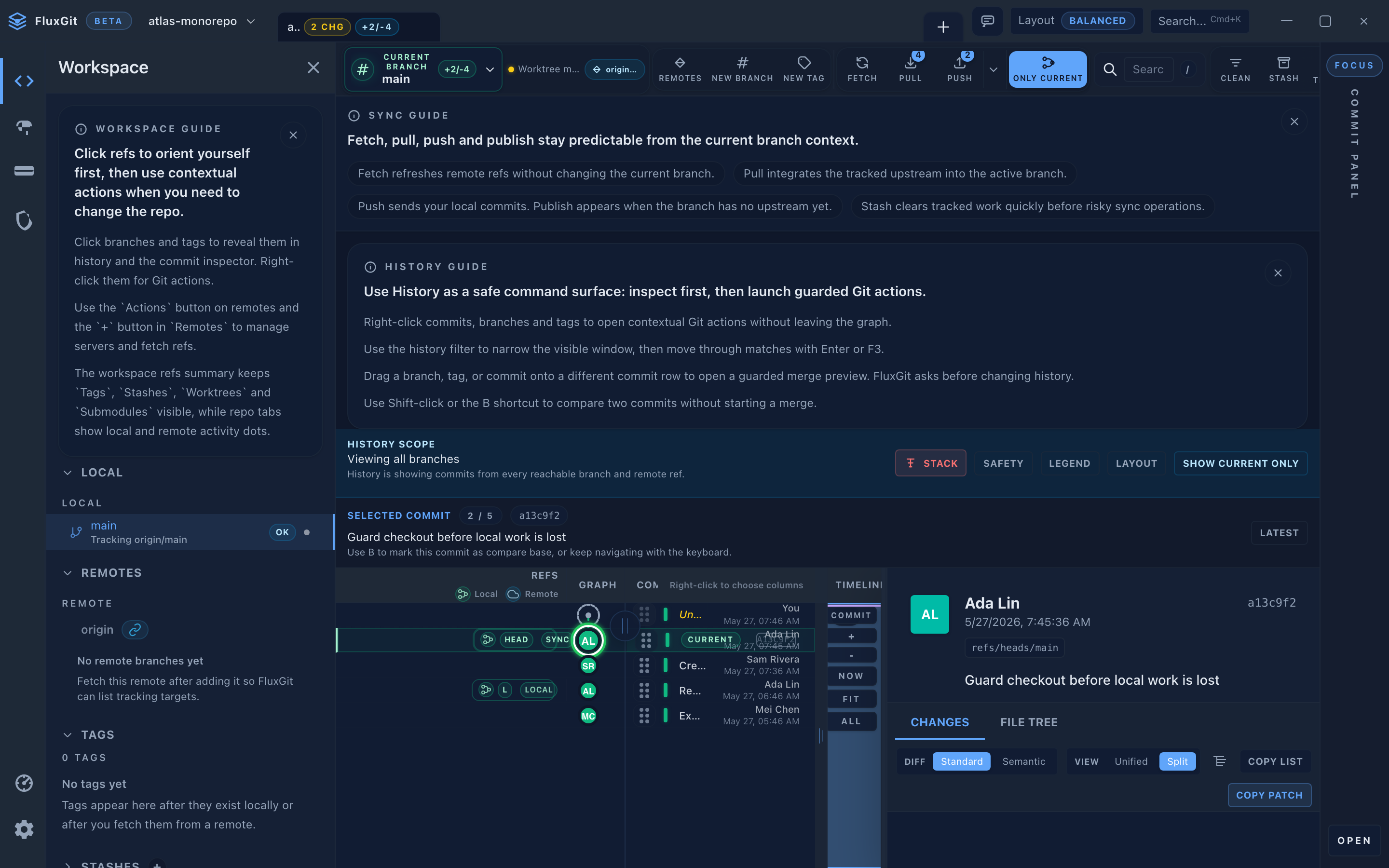 FluxGit visuelles Historie-Cockpit mit synthetischen Demo-Commits