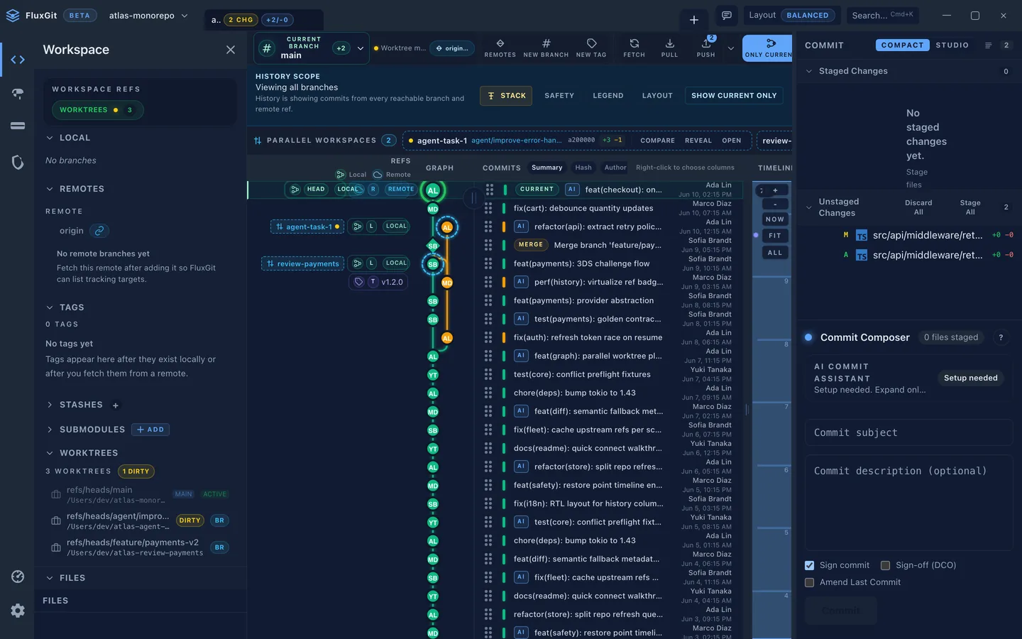 FluxGit cockpit: commit graph with parallel agent worktrees, AI provenance badges, staged changes and the commit composer