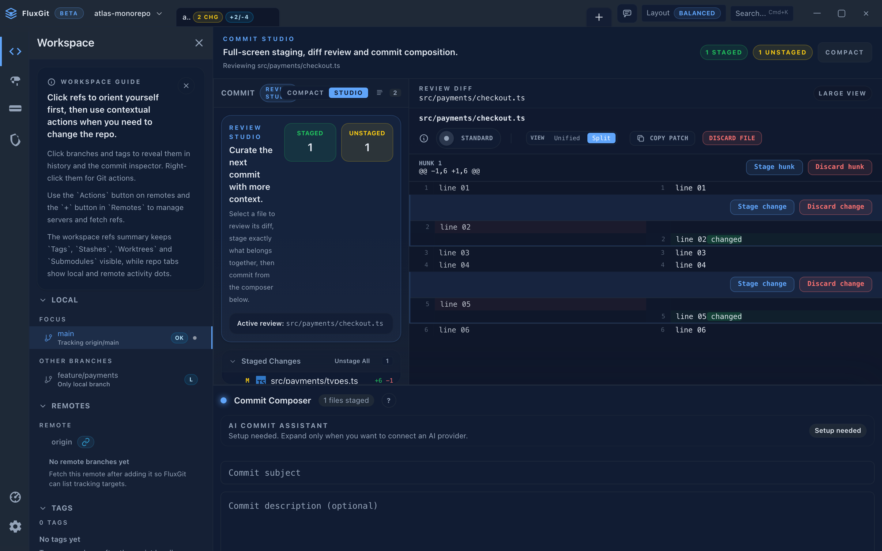 FluxGit Commit Studio with the collapsible AI commit assistant on synthetic demo data