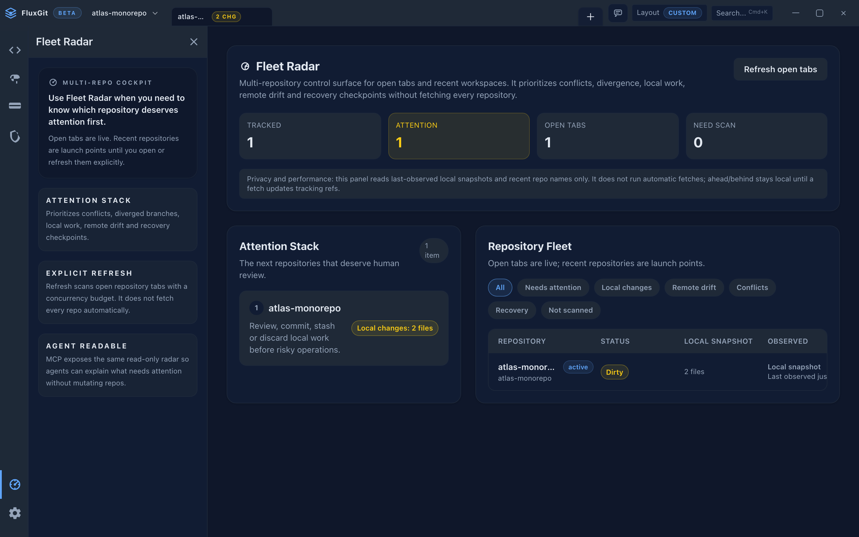 FluxGit Fleet Radar mit synthetischen Demo-Repositorys, die Aufmerksamkeit brauchen