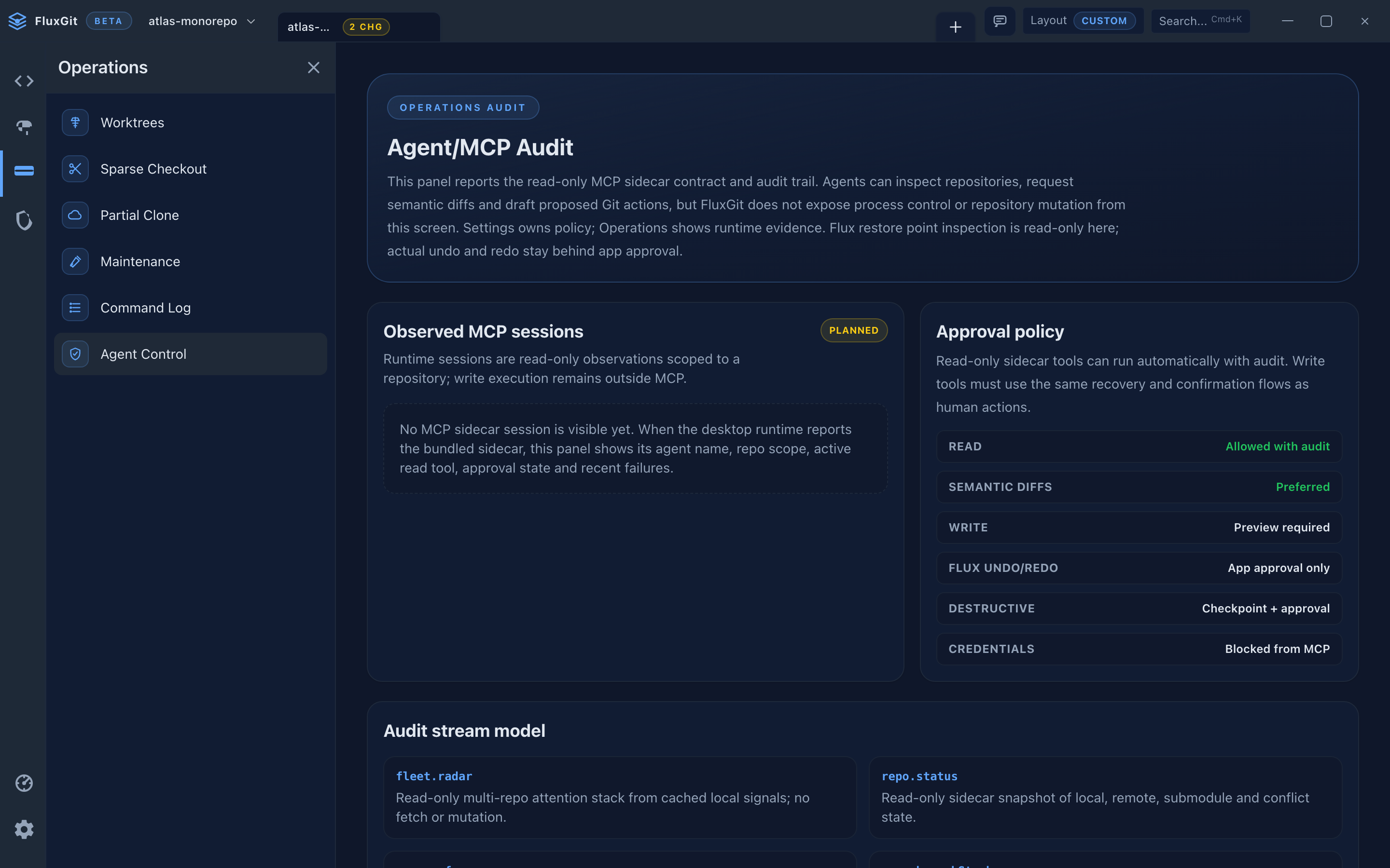 FluxGit schreibgeschuetztes MCP-Agent-Audit-Panel mit synthetischen Demo-Daten