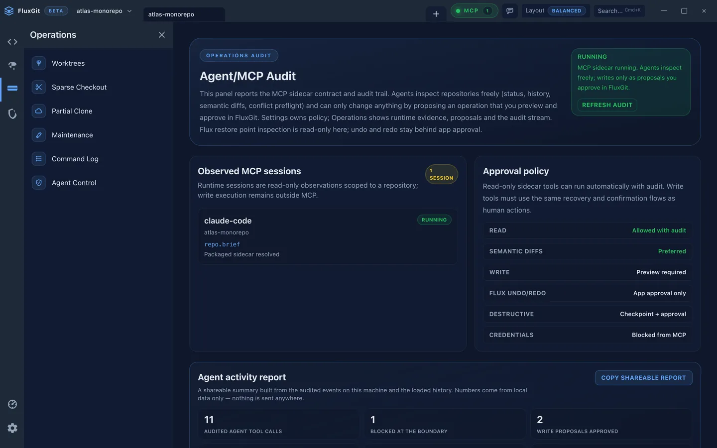 FluxGit MCP agent audit panel on synthetic demo data