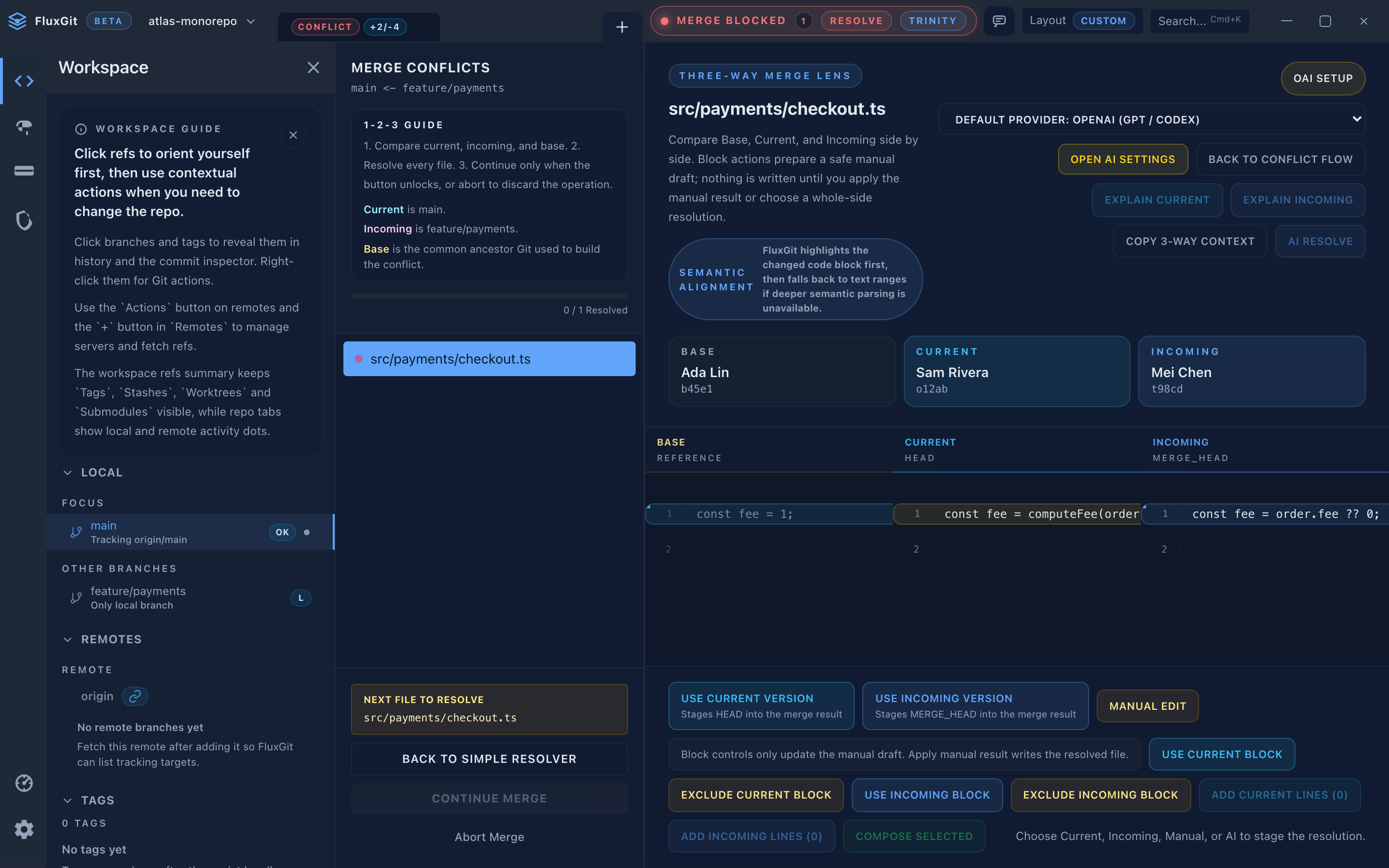 FluxGit Trinity-3-Wege-Konfliktlinse mit synthetischen Demo-Daten