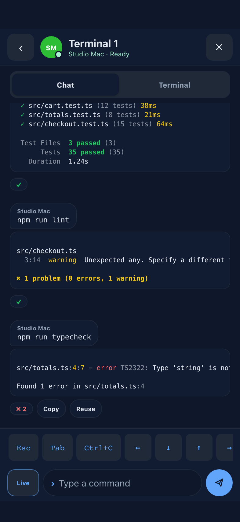 Commands and output in the FluxGit mobile terminal chat
