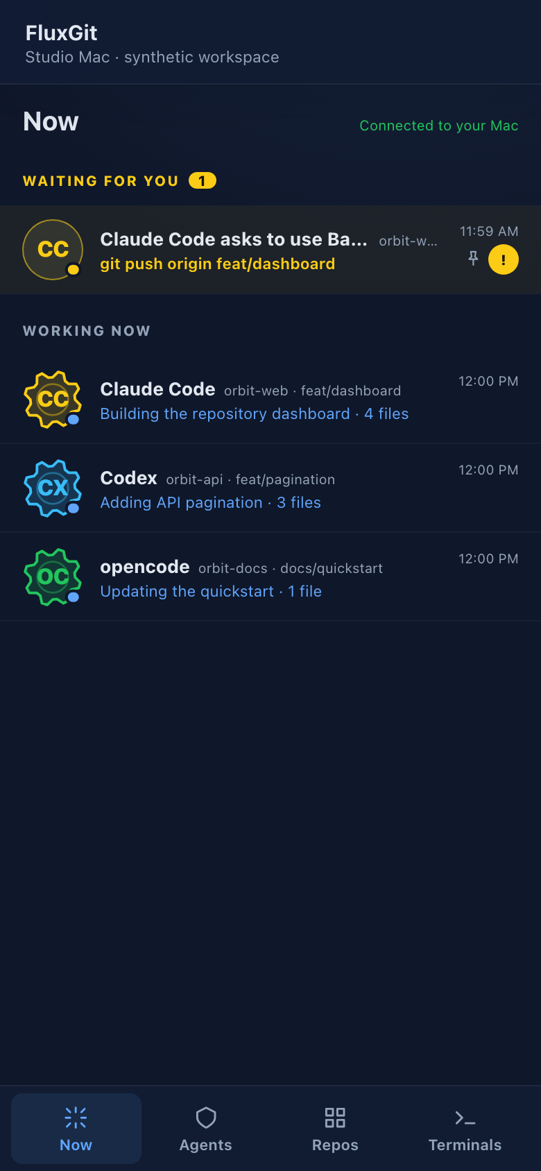 Claude Code und Codex in synthetischen Repositories, mit aktiven und wartenden Sitzungen.